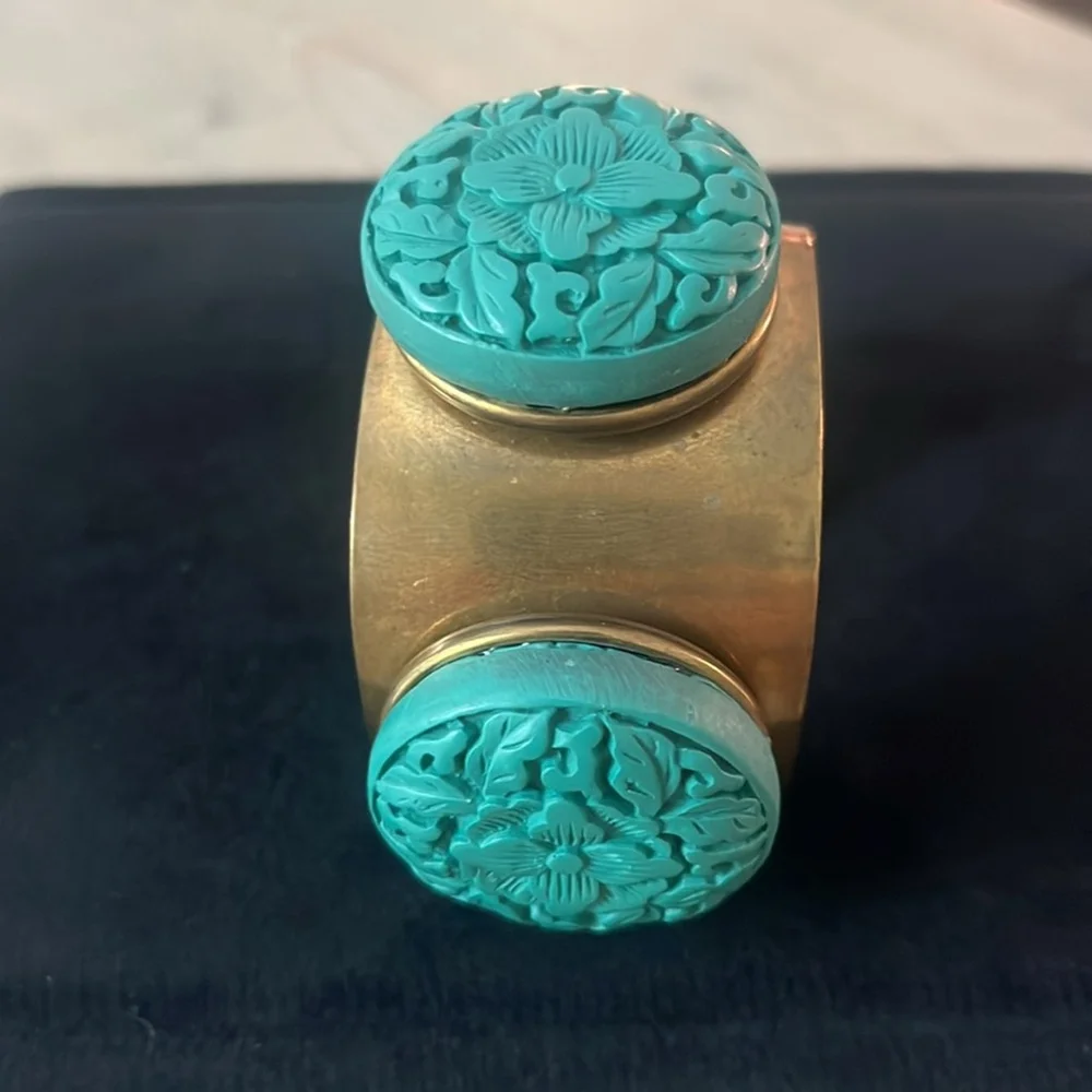 Vintage Jan Michaels Turquoise Coin Cuff Bracelet Bronze Patina Floral Retired - Picture 3 of 5